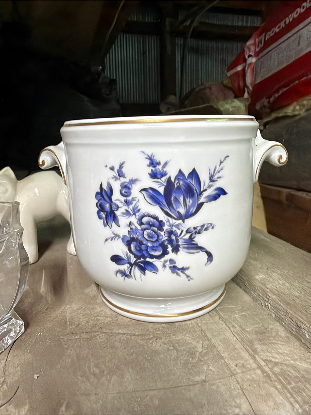 Porcelain Blue Floral Ceramic Planter with Gold Trim